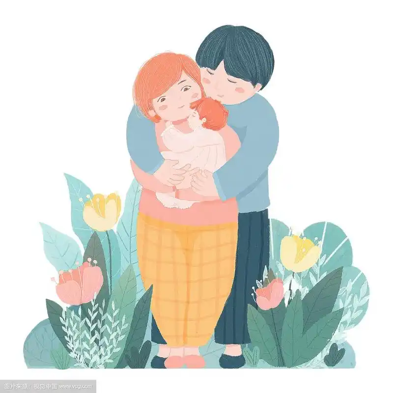 站在花丛中的丈夫拥抱着妻子和孩子的一家三口温馨手绘插画