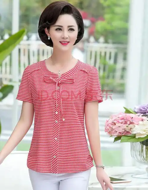 蝶慕蔻妈妈装短袖t恤女夏装40-50岁中年女装短款上衣中老年夏季格子