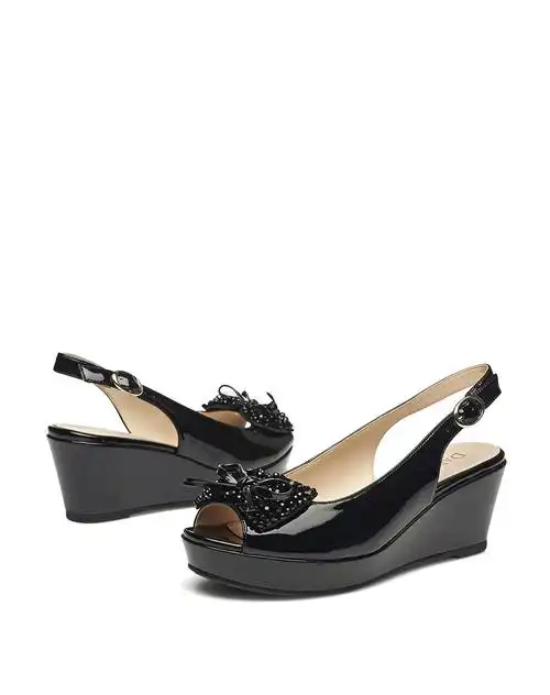 达芙妮甜美串珠鱼嘴坡跟黑色女凉鞋