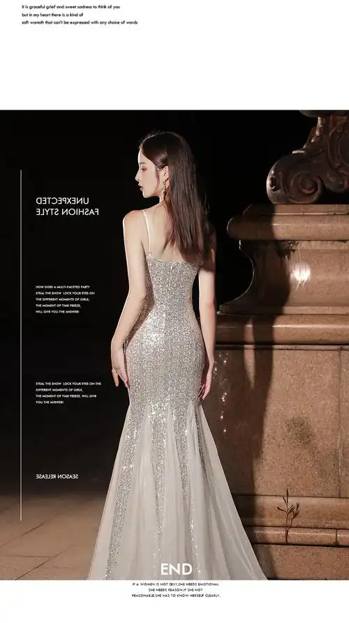 皮尔卡丹轻奢高档女装鱼尾晚礼服裙女2022新款宴会气质银色轻奢小众