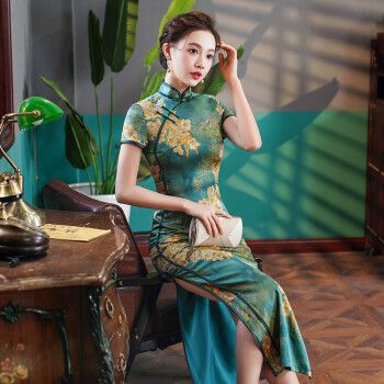 顾眷年真丝旗袍裙女长款时尚桑蚕丝旗袍2023新款复古改良日常年轻款