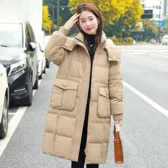 露依姬女士羽绒服品牌正品鹅绒中长款女2023新款简约时尚绿色大口袋