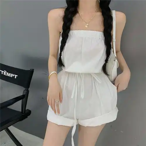 实拍 实价 一字领抹胸连体短裤套装