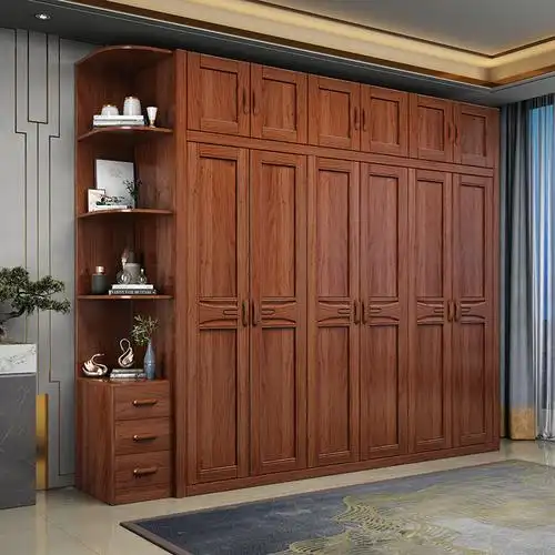 梵宜金丝胡桃木实木衣柜623简约现代组装大衣橱边顶柜家用卧室储物柜