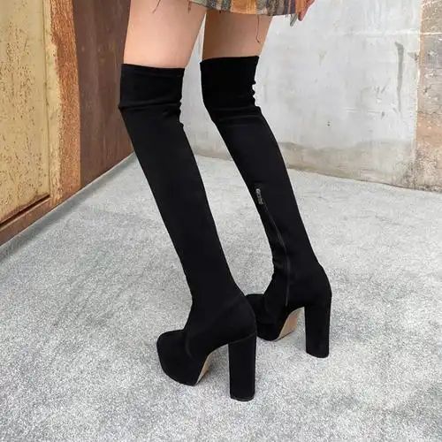秋冬新款高筒靴弹力靴圆头粗跟防水台恨天高过膝长靴黑色女鞋