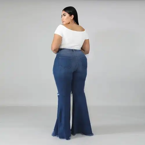 跨境hsf2108欧美性感时尚膝盖破洞弹力修身牛仔 大码胖mm喇叭裤