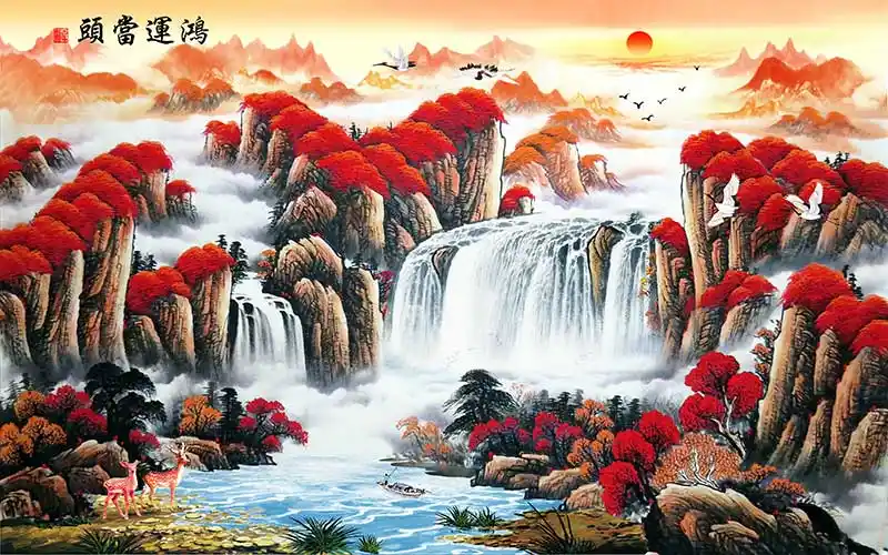 xt92144中式山水瀑布鹿太阳红树林鸿运当头寓意