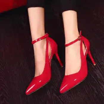 2017春秋新款一字扣绑带尖头高跟鞋细跟性感浅口ol女鞋单鞋 红色 35