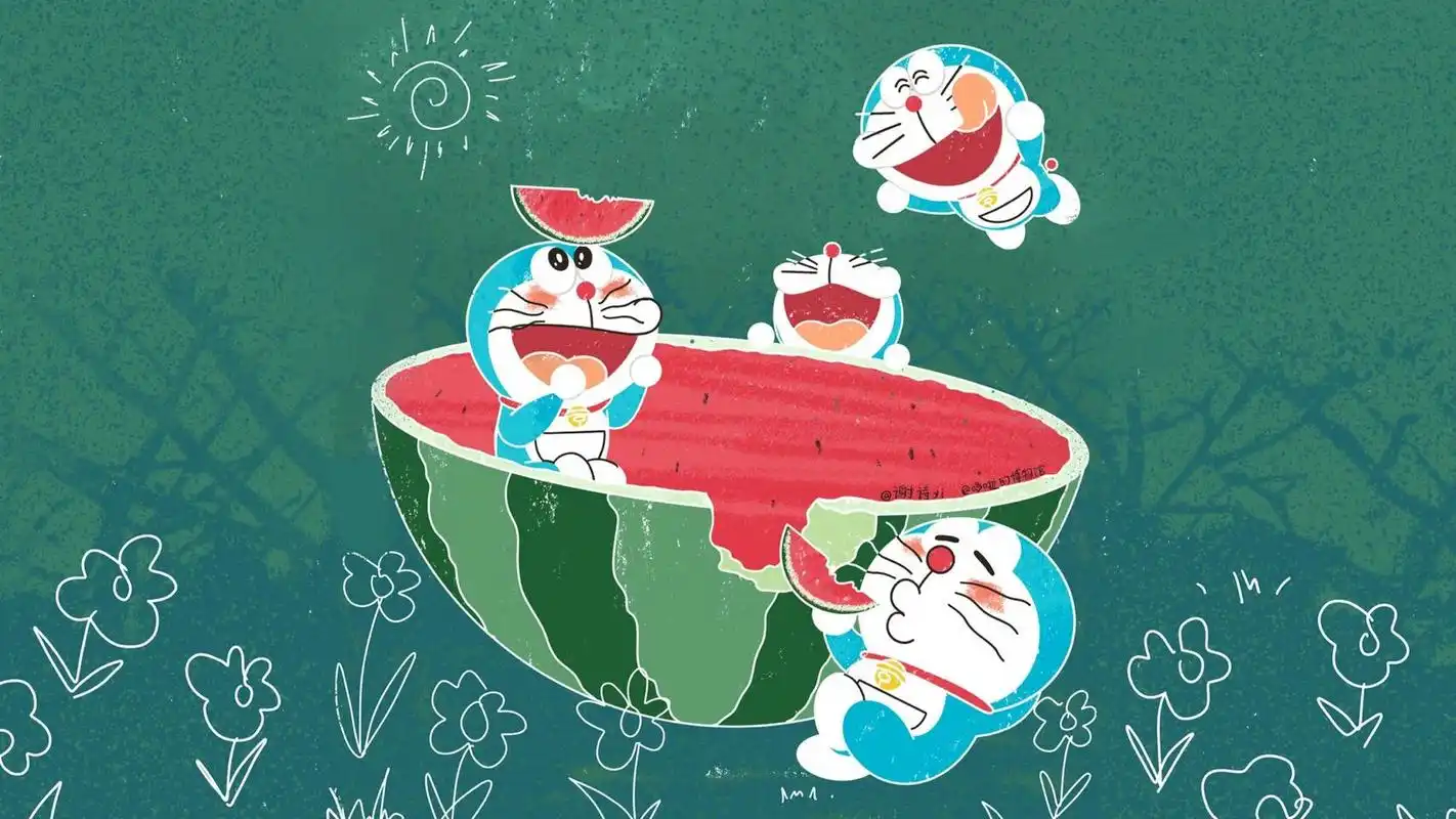 哆啦a梦壁纸头像,小哆啦爱吃大西瓜 绘图:哆啦的博物馆7015谢诗yi