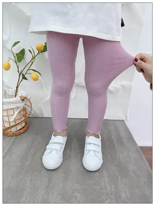 女童打底裤2022春夏季修身长裤花边可开裆幼儿园女宝宝大弹力裤子奶茶