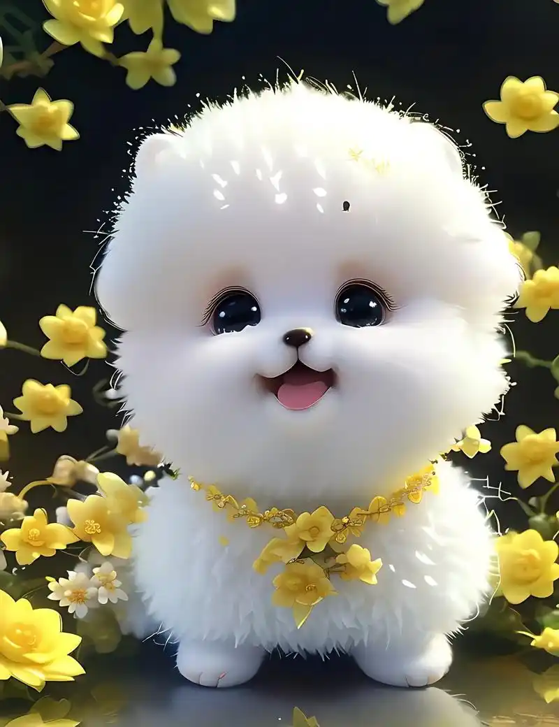 一只可爱的婴儿皮克斯风格圆乎乎胖嘟嘟的白色浅粉色黄色博美犬宝