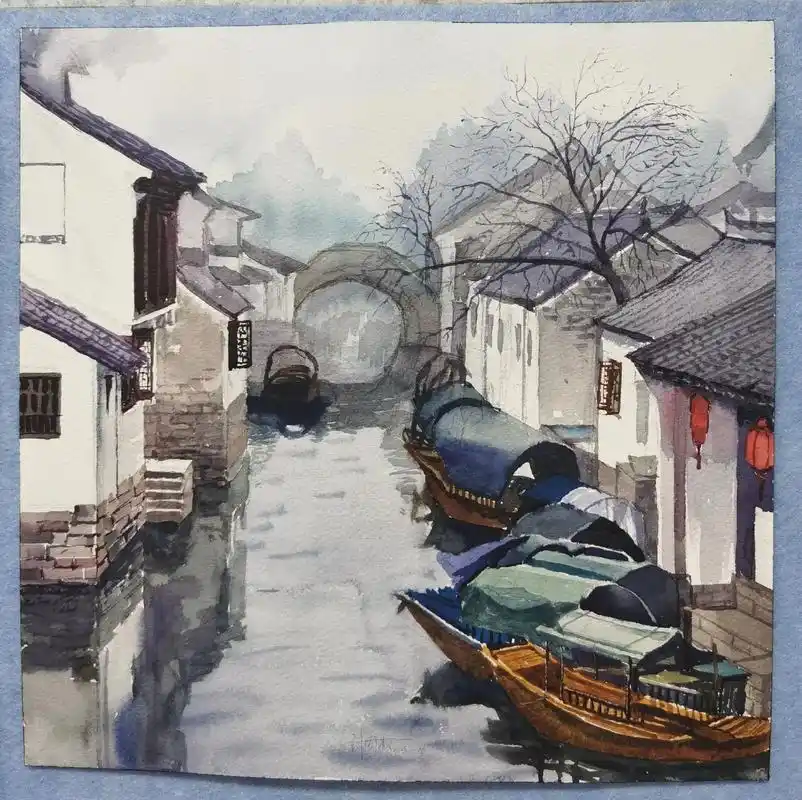 纯手绘水彩风景画一烟雨江南