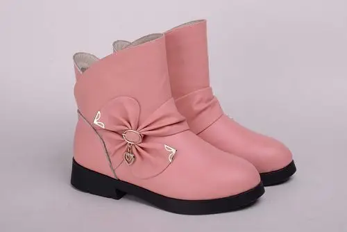 一件代发 韩版童靴蝴蝶结真皮女童童棉鞋儿童雪地靴女童靴子图片_22