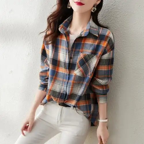 正品哥弟新款女装2022春季翻领时尚格子衬衫气质格纹设计休闲上衣