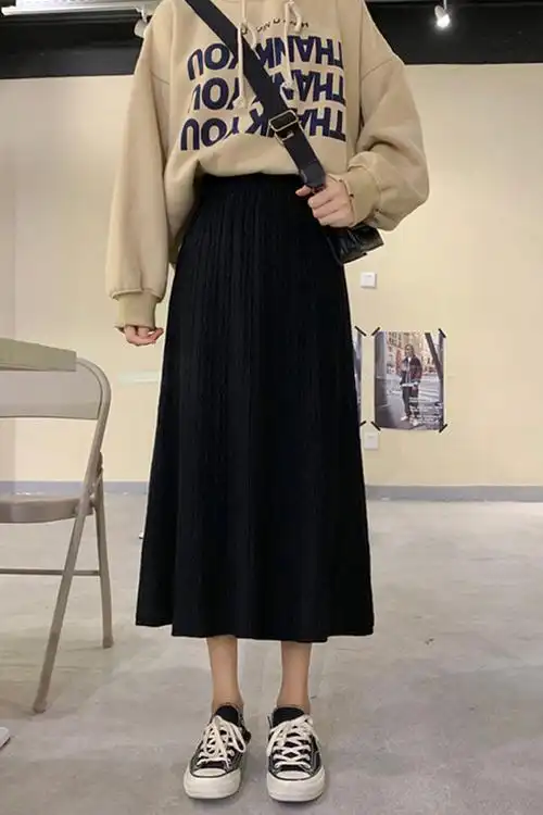 秋冬中长款遮胯裙子显瘦女针织裙高腰半身裙黑色a字裙冬天配毛衣