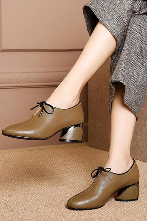 圆头粗跟单鞋 女2020秋季新款 女鞋中跟系带休闲百搭 女士 皮鞋