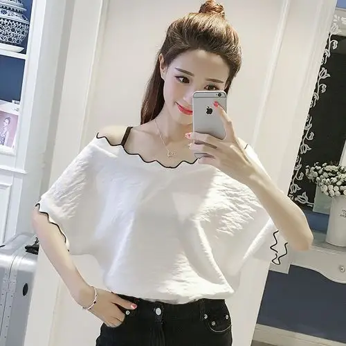 一字肩上衣雪纺衫女短袖胖妹妹夏装露肩学生韩版宽松2019新款衣服
