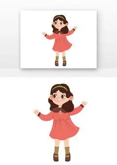 手绘卡通举起双手穿裙子的女孩免抠元素