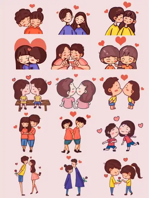 今天分享一组情人节素材甜蜜可爱情侣q版卡通人物插画素材这一对对小