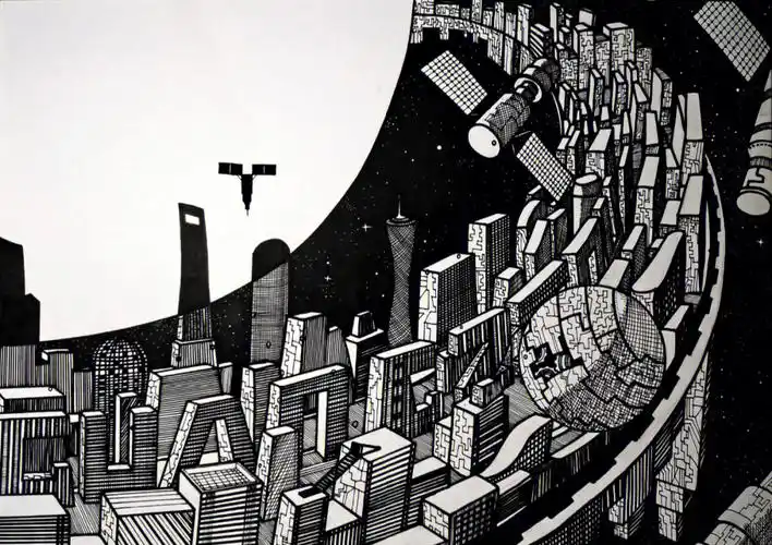 原创未来科幻城市手绘黑白画