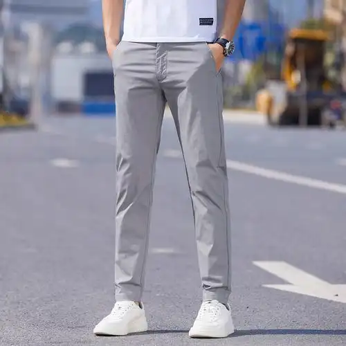 春季新款弹力休闲裤男潮流韩版宽松直筒基础冰丝男士灰色西装裤子by