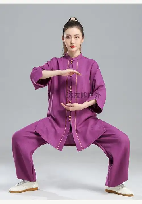 山人运动同款太极服棉麻夏装太极服女夏季新款棉麻中袖练功服武术服