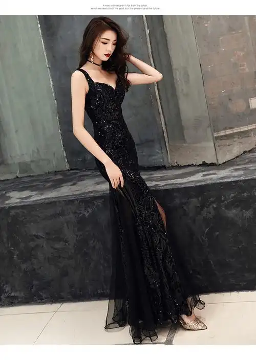 黑色吊带主持人晚礼服裙女2022新款宴会大气性感鱼尾年会气质