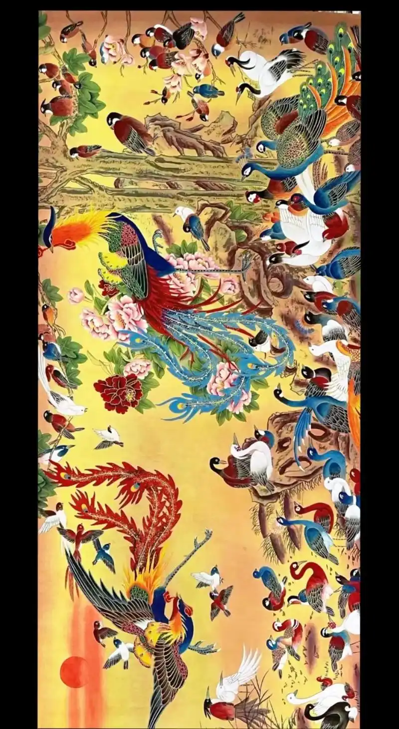 带你走进画里 ,一幅百鸟朝凤图!花费了师父两个多月时间,从勾线到着色