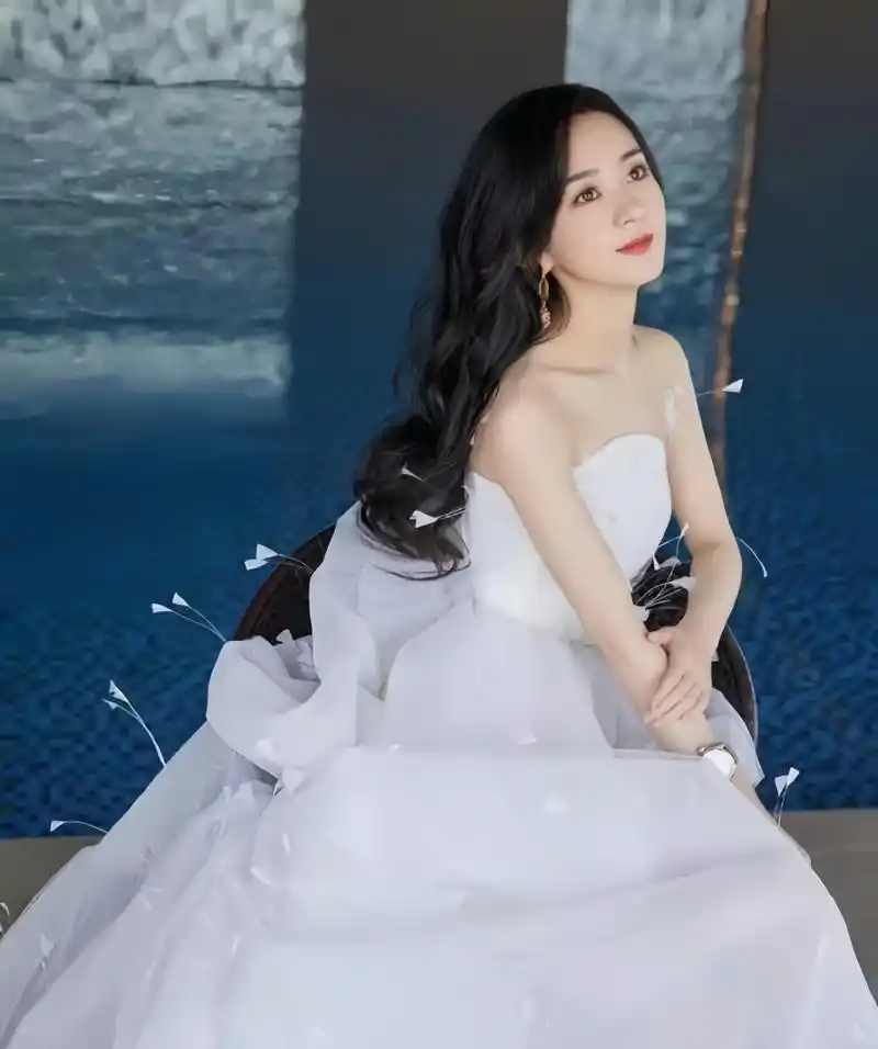 赵丽颖的这身纯白色抹胸曳地纱裙宛如白天鹅般优雅动人.