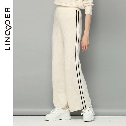 羚荌渼棋盘格嵌条直筒裤 正反针针法经典简约舒适保暖女羊绒裤