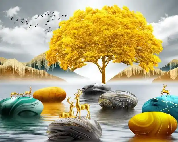 北欧5d钻石画满钻新款客厅发财树点钻十字绣麋鹿山水风景画