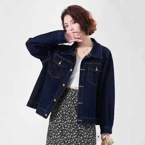 正肩纯色深蓝牛仔外套女2023春秋短款显瘦长袖韩版宽松牛仔褂上衣