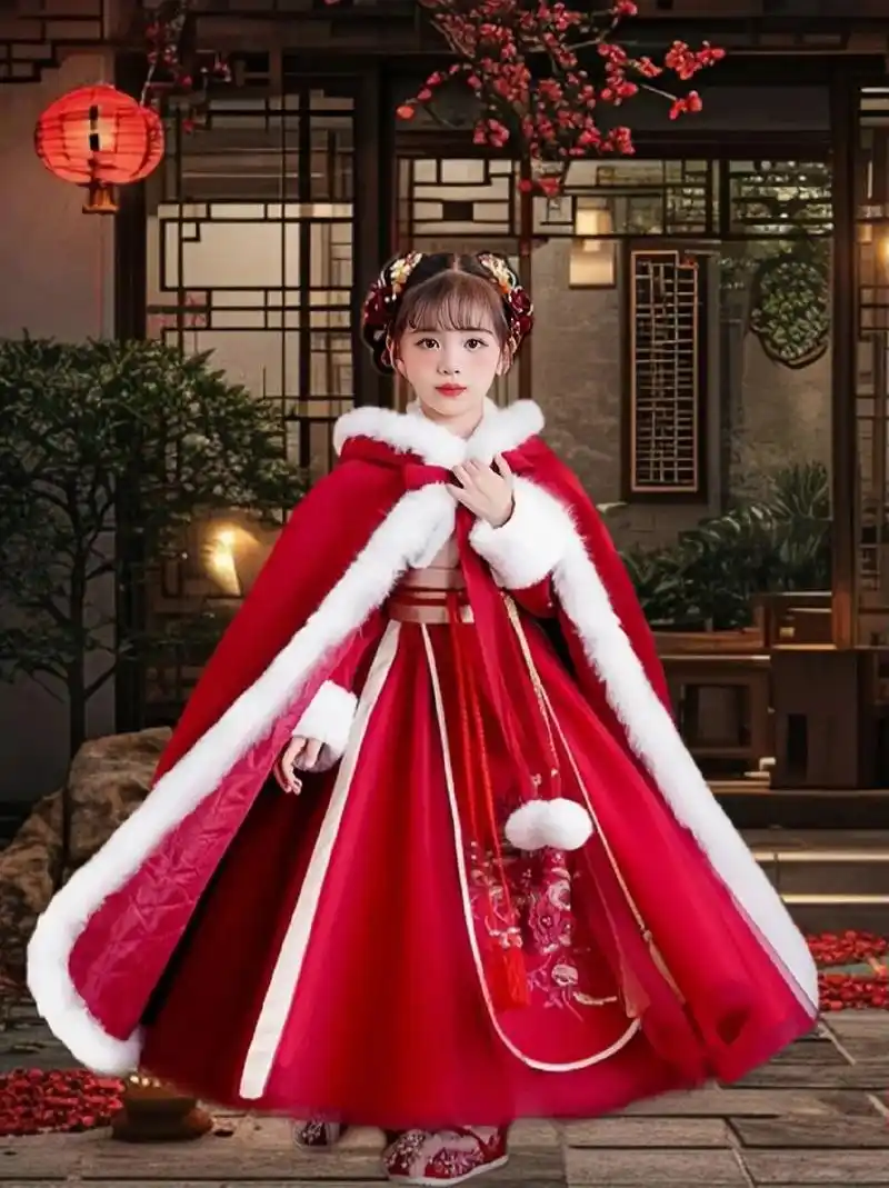 女童儿童古装唐装红色中国风连衣裙加绒加厚套装拜年服真的太可爱