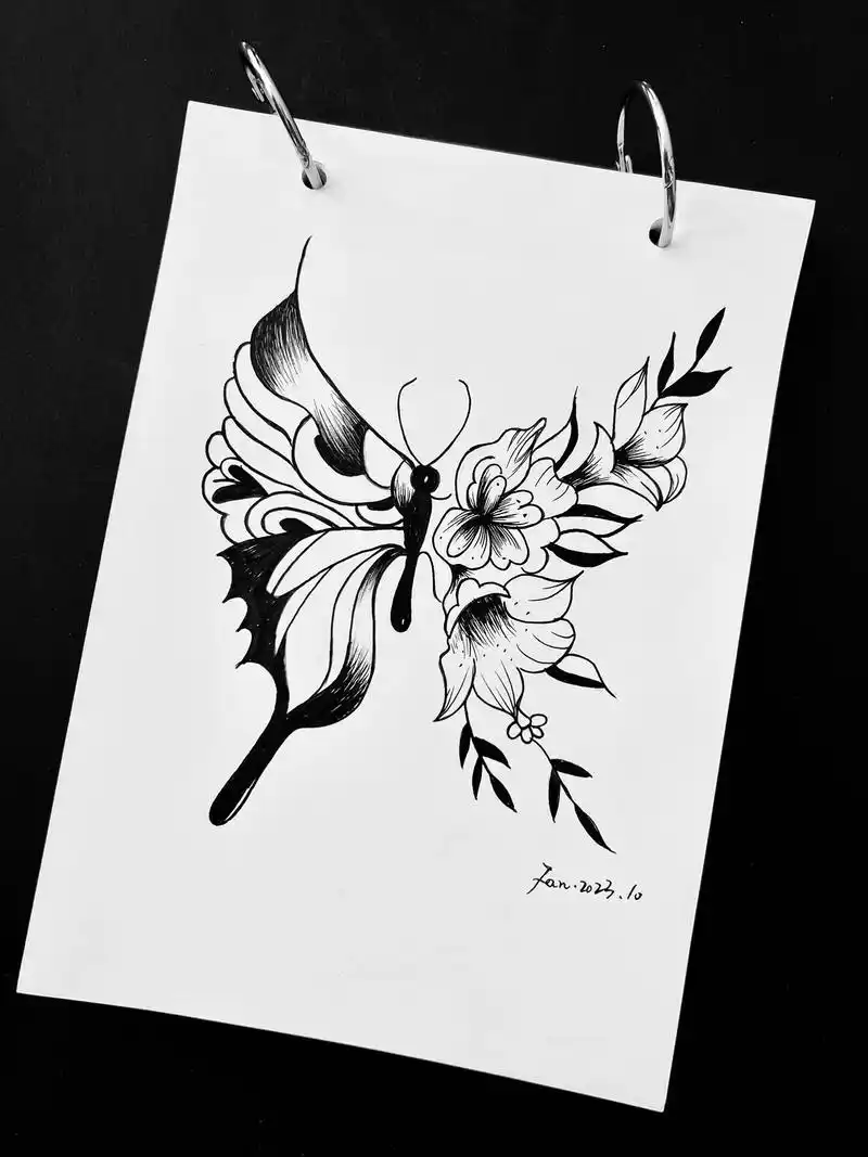 黑白线条画-蝴蝶🦋.每一只蝴蝶都是从前一朵花的灵魂回来寻访 - 抖