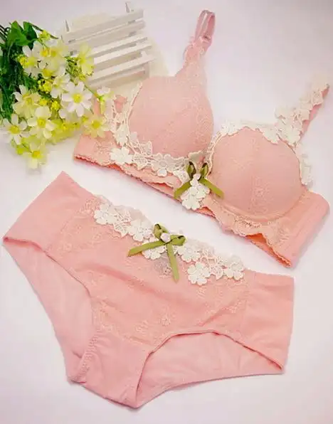 浪漫粉色女士蕾丝深v胸罩刺绣花朵性感聚拢内衣小胸调整文胸套装
