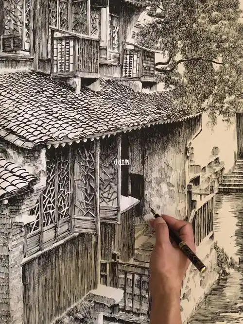 钢笔画江南水乡