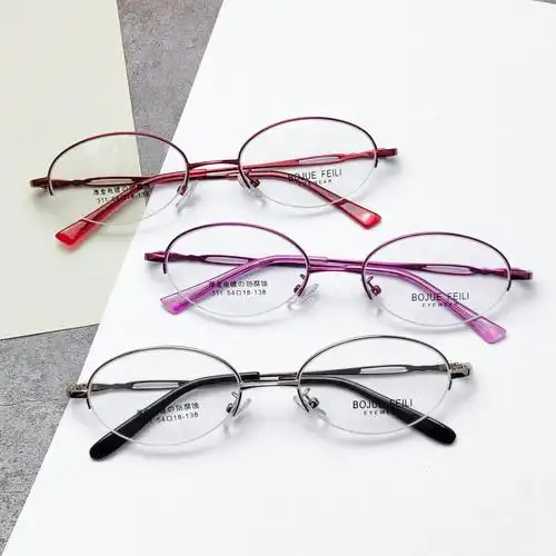 时尚半框厚金电镀眼镜框批发椭圆女款小近视金属眼镜架丹阳厂家