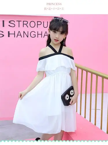 2018新款女童夏季连衣裙儿童公主裙子韩版中大童女孩一字肩连衣裙
