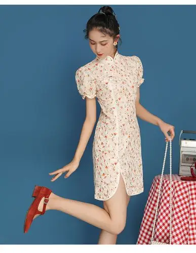 8231实拍日常法式旗袍雪纺刺绣女年轻款少女泡泡袖短款旗袍连衣裙