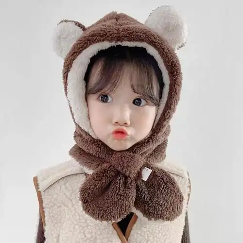 女宝宝护耳帽女童男童帽秋冬婴幼儿围巾一体可爱超萌冬季粽加白熊耳朵