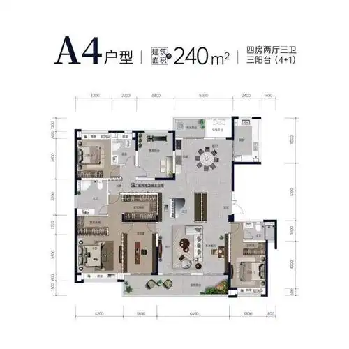 这是一款相当有设计感的大平层户型,建筑面积大约240平米,非同一般的