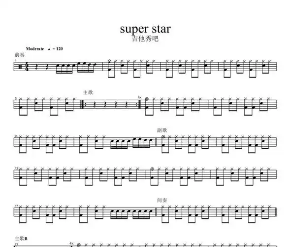 she-super star架子鼓谱爵士鼓曲谱 节奏明朗 速度适中