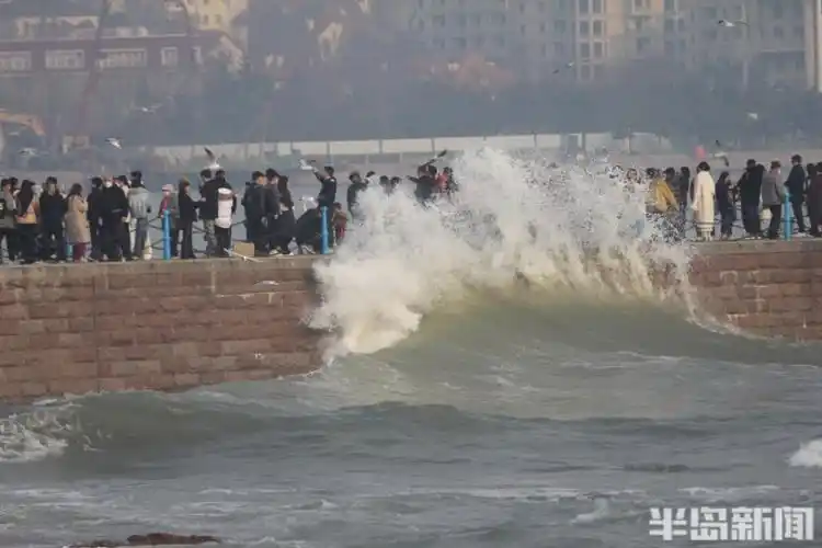 3月22日,游客在青岛栈桥海域观浪.