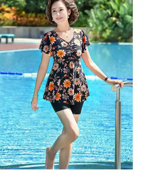 显瘦遮肚大码分体中年妈妈款游泳衣温黄色泳帽泳镜套装l建议80100斤