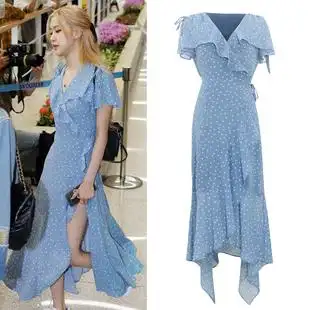 blackpink rose朴彩英同款蓝色波点法式设计感小众连衣裙女夏裙子