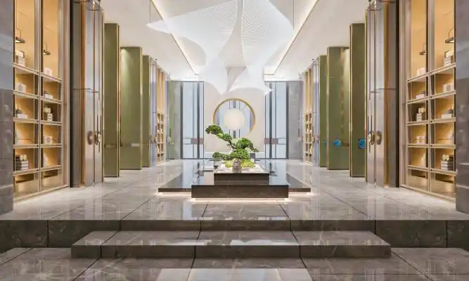 新中式酒店大堂过道水景3d模型【id:752451090】