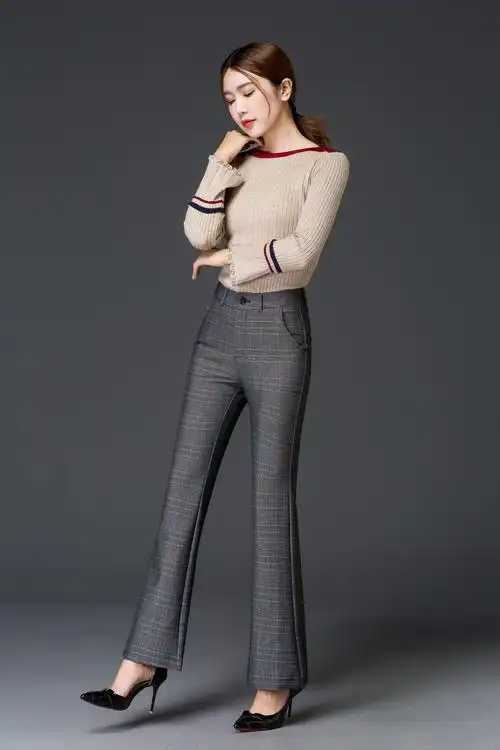 2019秋季新款休闲裤千鸟格时尚弹力长裤高腰显瘦女裤微喇裤g8503