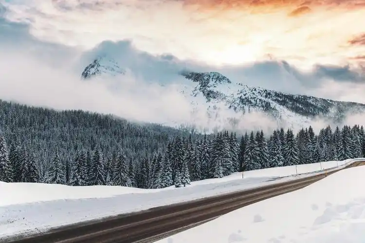 6000x4000 wallpaper winter, snow, road, mountains, fog