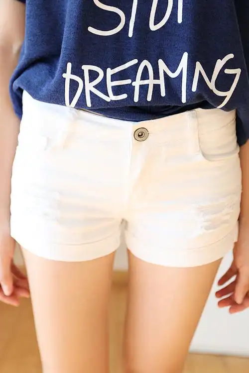 韩国超百搭磨破破洞牛仔短裤百搭卷边白色牛仔短裤热裤