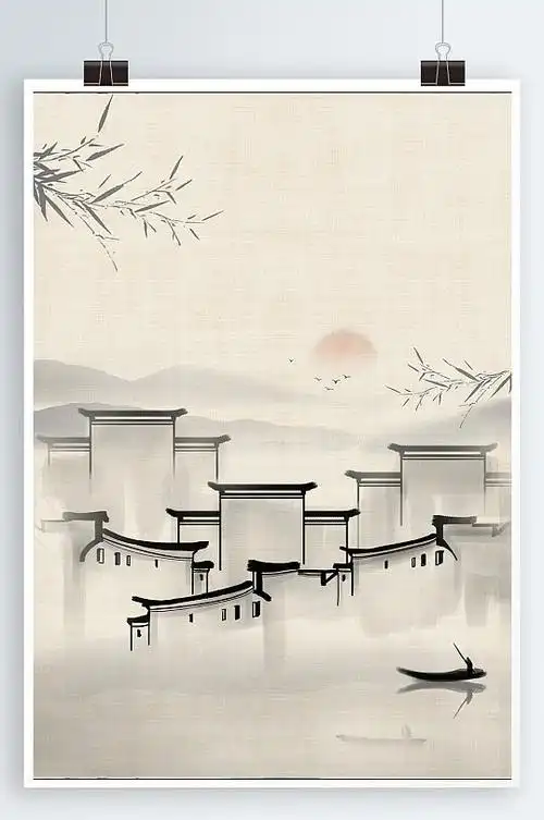 水墨背景徽派建筑